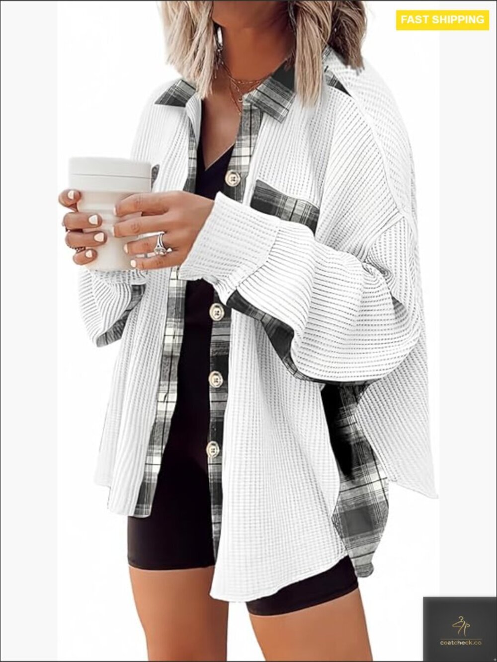Waffle Knit Plaid Shacket Boyfriend Button Down Jacket Loose Fit Long Sleeve